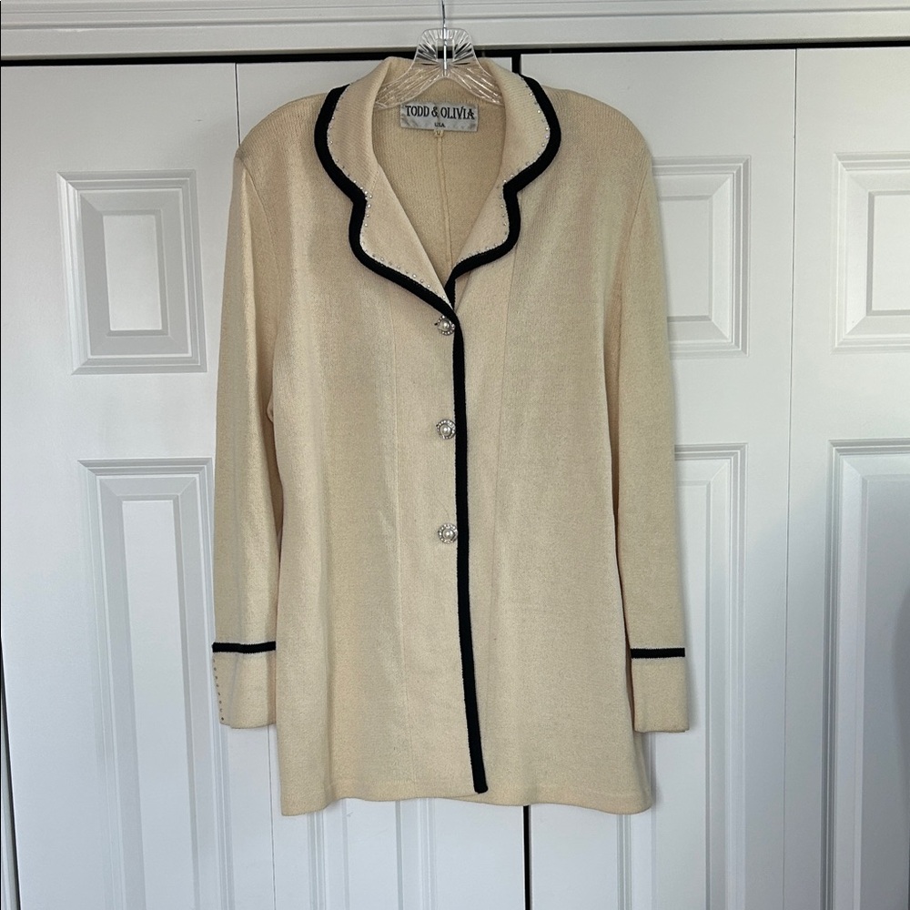 Vintage Todd & Olivia Cream Wool Sweater/Jacket with Rhinestone Trim 12